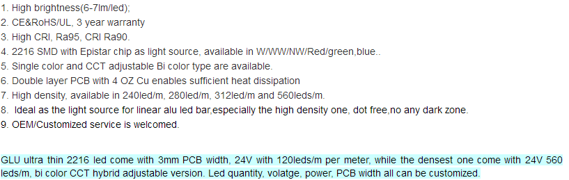 product-768-242 Ra95 3500K 2216 led strip short parameters